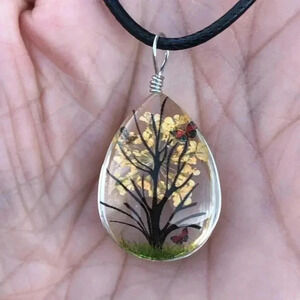 Dark Yellow Real Flower Teardrop Glass Tree Butterfly Necklace NWT